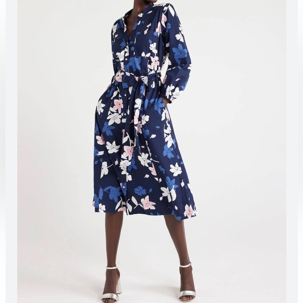Free Assembly Gathered Waist Button Down Shirt Dress Navy Floral Size Medium